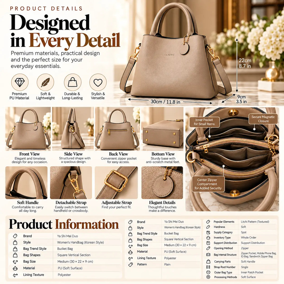 A detailed product information graphic for a structured beige handbag, showing multiple labeled views (front, side, back, bottom, center zipper) with dimensions, material claims, and a product information table at the bottom.