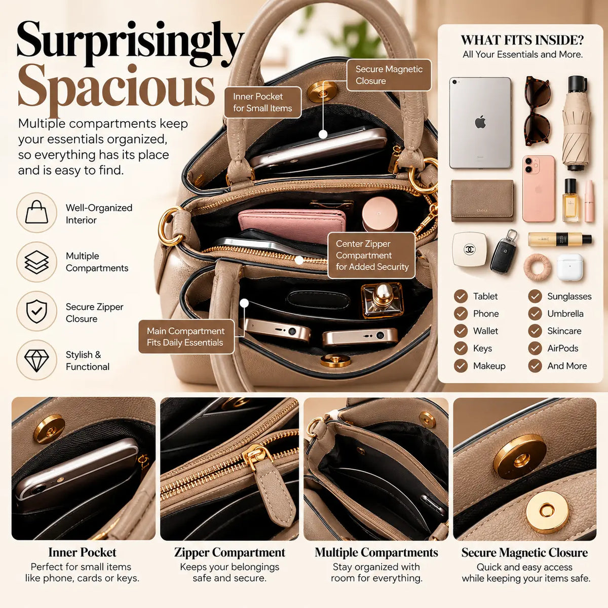 A promotional infographic for a beige structured handbag, showing the interior layout with labeled compartments, close-up detail shots of zippers and magnetic closure, and a list of items that fit inside. The text reads 'Surprisingly Spacious' and includes compatibility icons for Apple and Chanel-style branding, but no clear product brand is visible on the bag itself.
