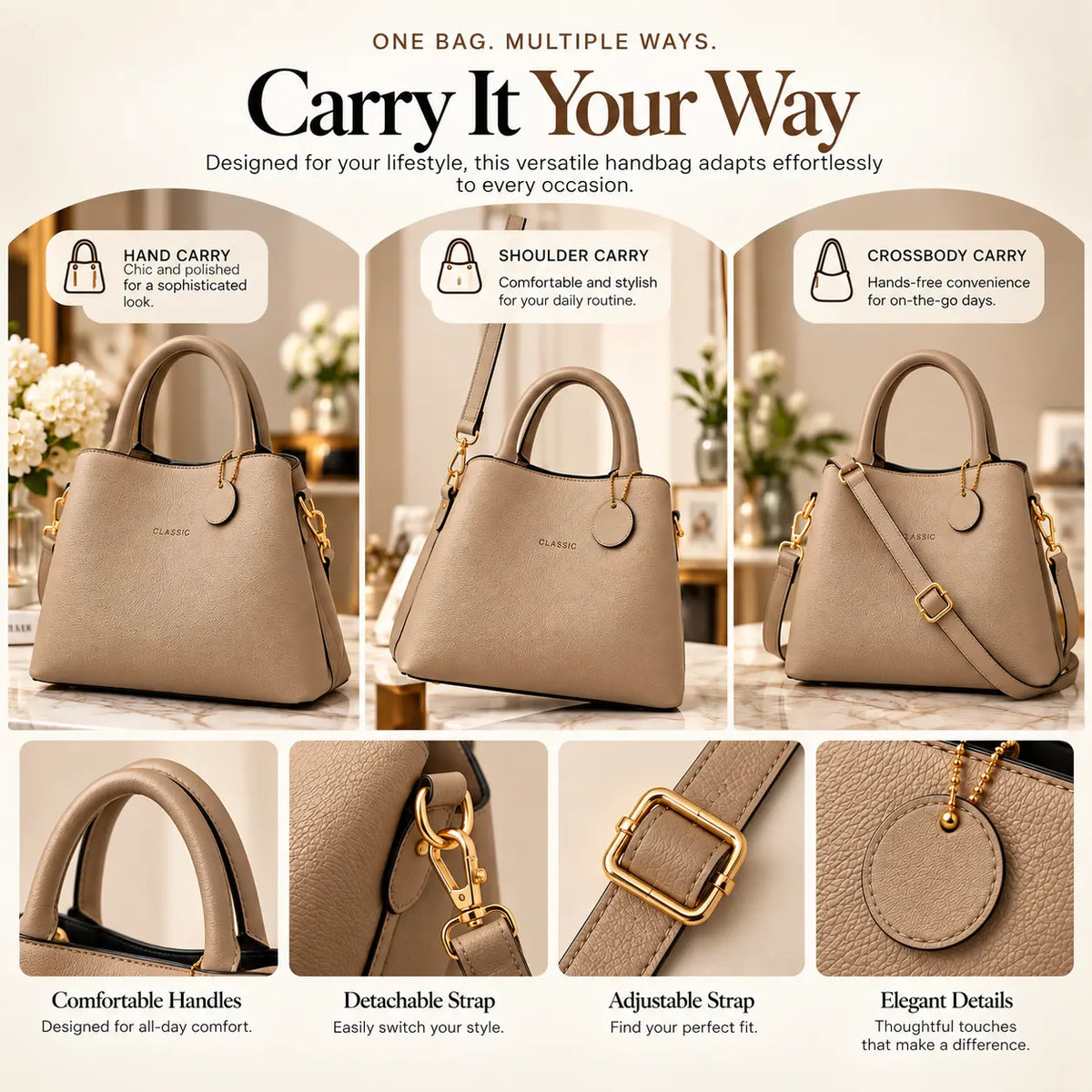 A beige structured handbag shown in six lifestyle-style usage views with text callouts for hand carry, shoulder carry, and crossbody carry, plus close-up detail panels for handles, detachable strap, adjustable strap, and elegant details.