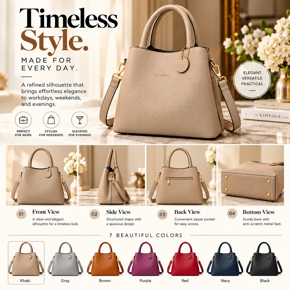 A beige structured handbag shown prominently in a styled interior scene, with smaller front, side, back, and bottom views along the bottom. The image includes marketing text, icons, and a row of color options labeled Khaki, Gray, Brown, Purple, Red, Navy, and Black.
