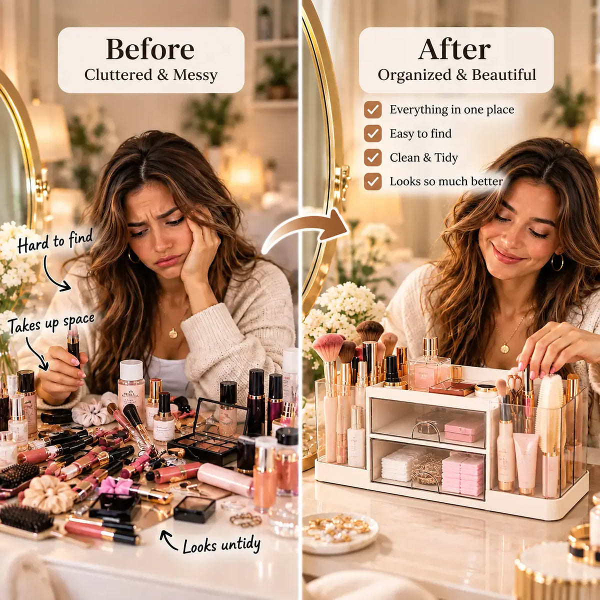 Before and after comparison of a woman organizing makeup items in a white and gold cosmetic organizer on a marble vanity. The left side shows a messy, cluttered makeup collection with the text 'Before Cluttered & Messy'; the right side shows an organized, tidy setup with the text 'After Organized & Beautiful' and checklist benefits.