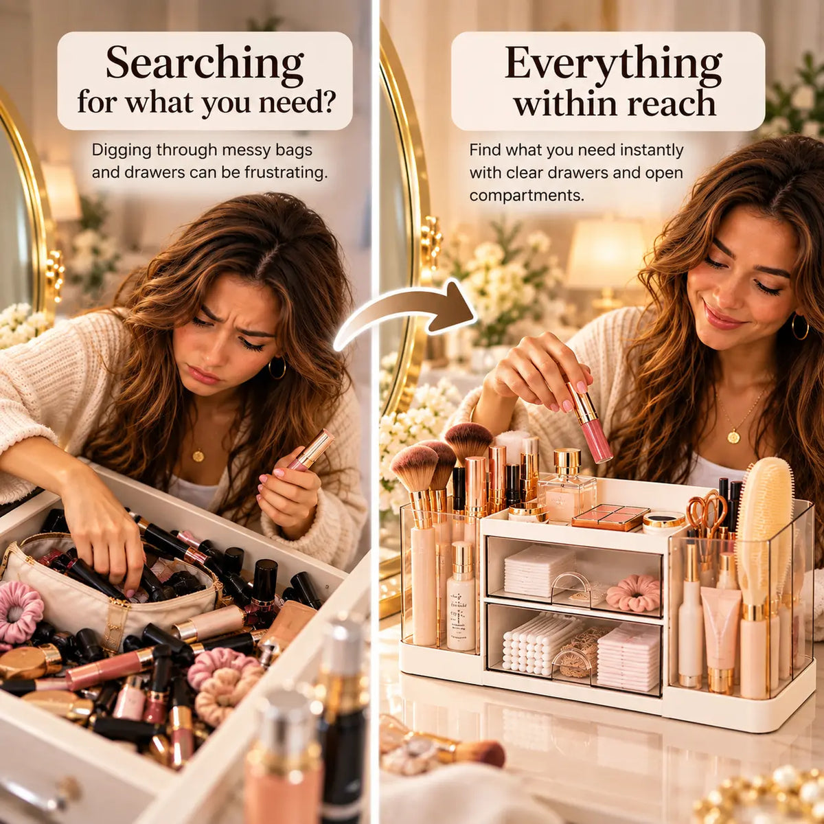 A split-screen comparison showing a woman organizing cosmetics in a messy drawer on the left and using a clear acrylic makeup organizer with white trays on the right. Text overlays read 'Searching for what you need?' and 'Everything within reach.