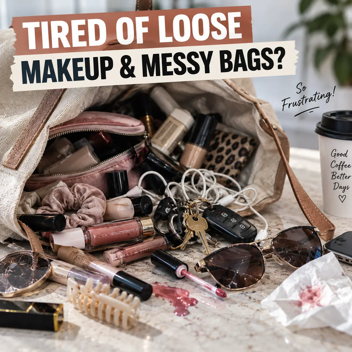 Open tote bag overflowing with loose makeup, tangled earphones, keys, sunglasses and other daily essentials