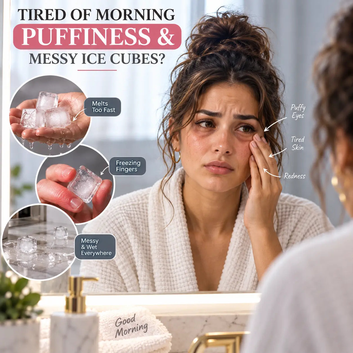 Woman looking in a bathroom mirror with morning under eye puffiness and tired skin alongside melting ice cubes and messy water from traditional facial icing