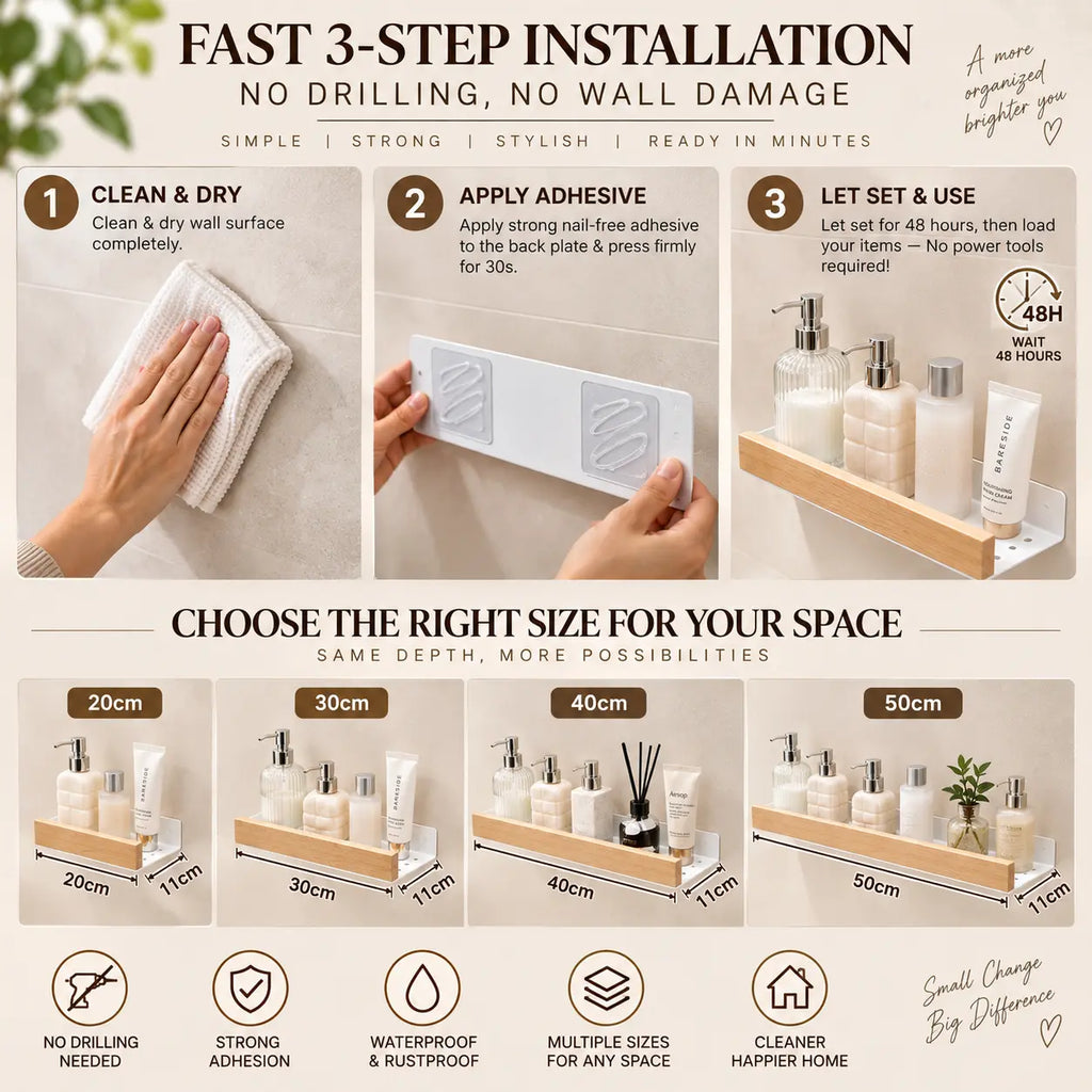 Three step no drill bathroom shelf installation guide with 20cm, 30cm, 40cm and 50cm shelf size options and 11cm depth