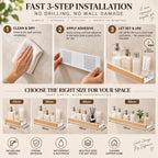 Three step no drill bathroom shelf installation guide with 20cm, 30cm, 40cm and 50cm shelf size options and 11cm depth