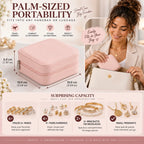 Blush pink compact jewelry organizer infographic showing size measurements, handbag portability, and storage capacity for rings, earrings, bracelets, necklaces, and pendants