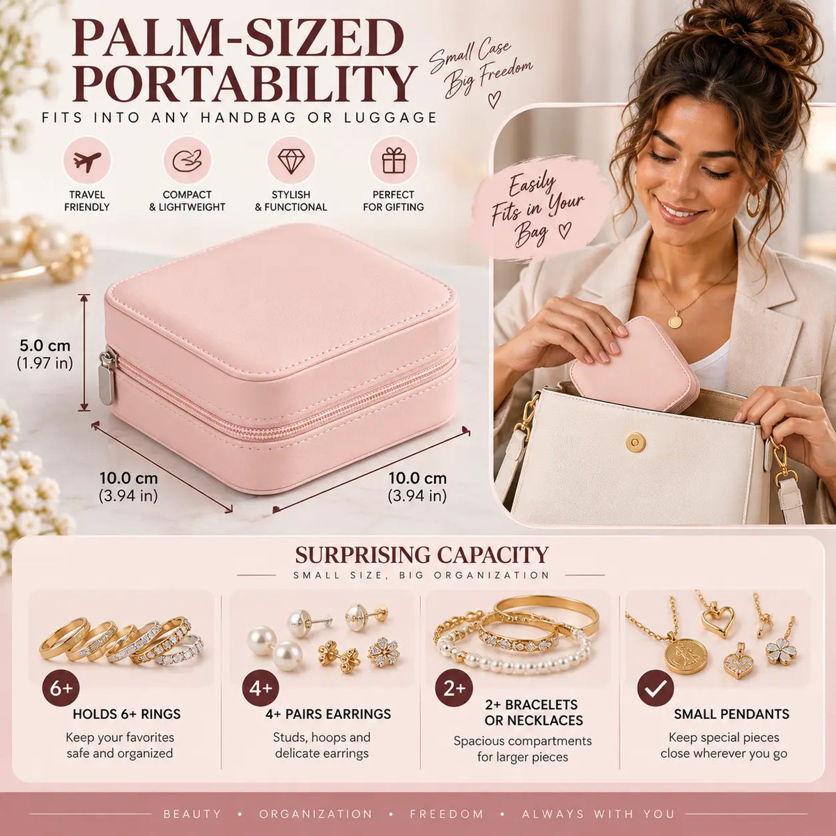 Blush pink compact jewelry organizer infographic showing size measurements, handbag portability, and storage capacity for rings, earrings, bracelets, necklaces, and pendants