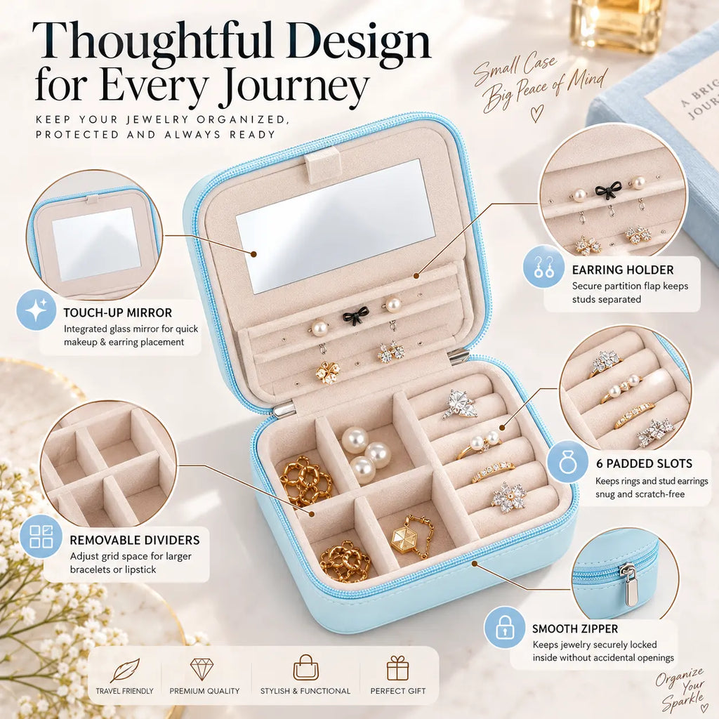 Pastel blue travel jewelry organizer infographic showing built-in mirror, earring holder, padded ring slots, removable dividers, and smooth zipper
