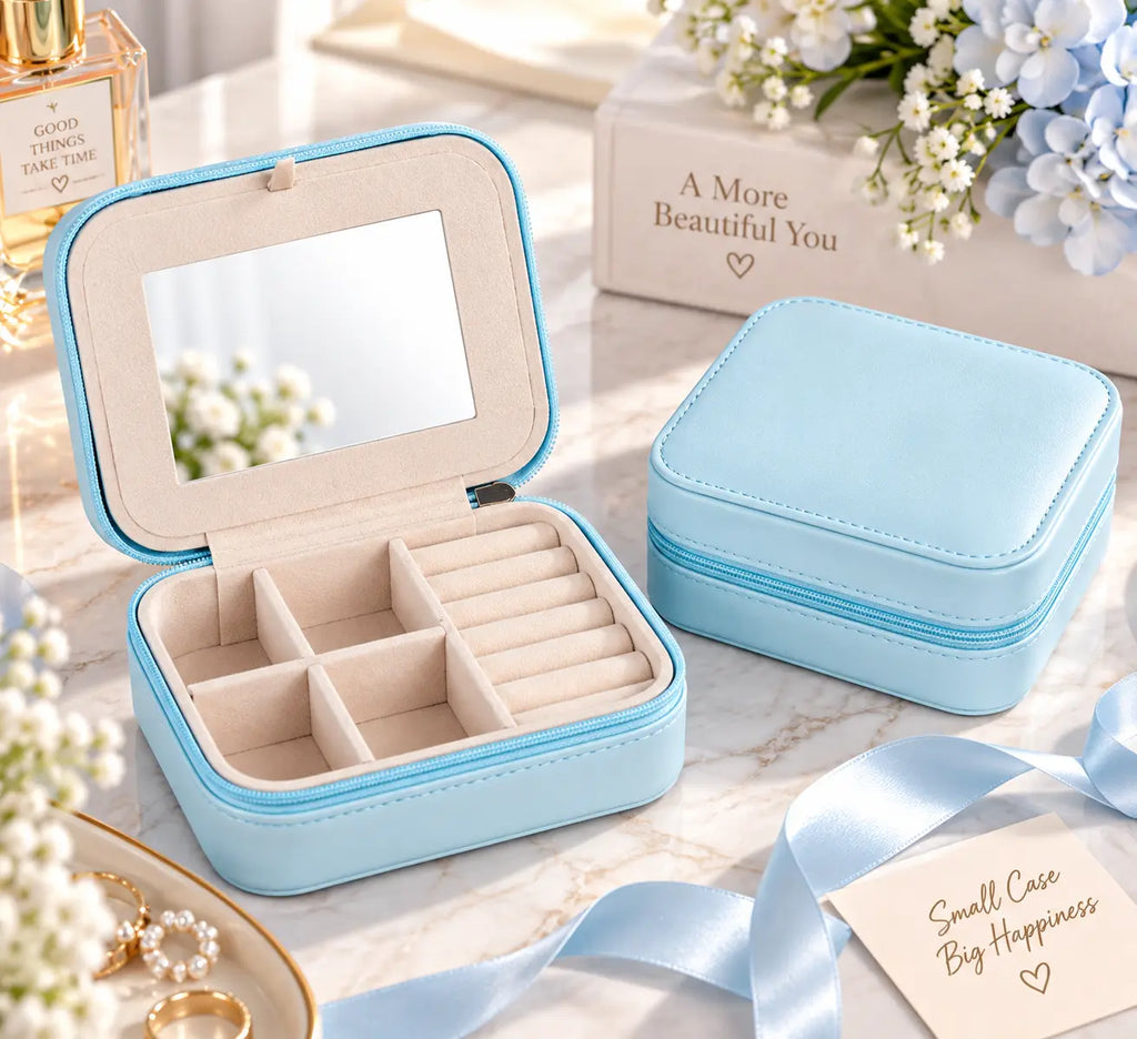 Pastel blue travel jewelry organizer with built-in mirror and divided compartments displayed open beside a closed matching case on a marble vanity