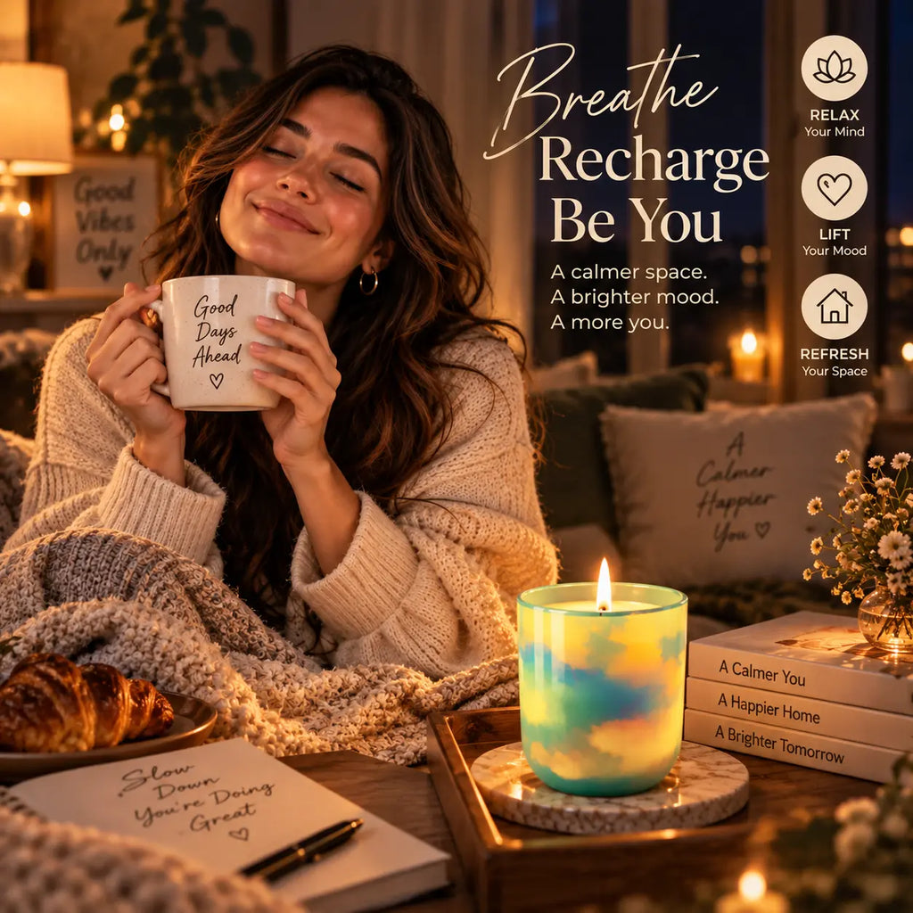 Woman enjoying a warm coffee beside a glowing Pastel Glow scented candle during a cozy evening at home.