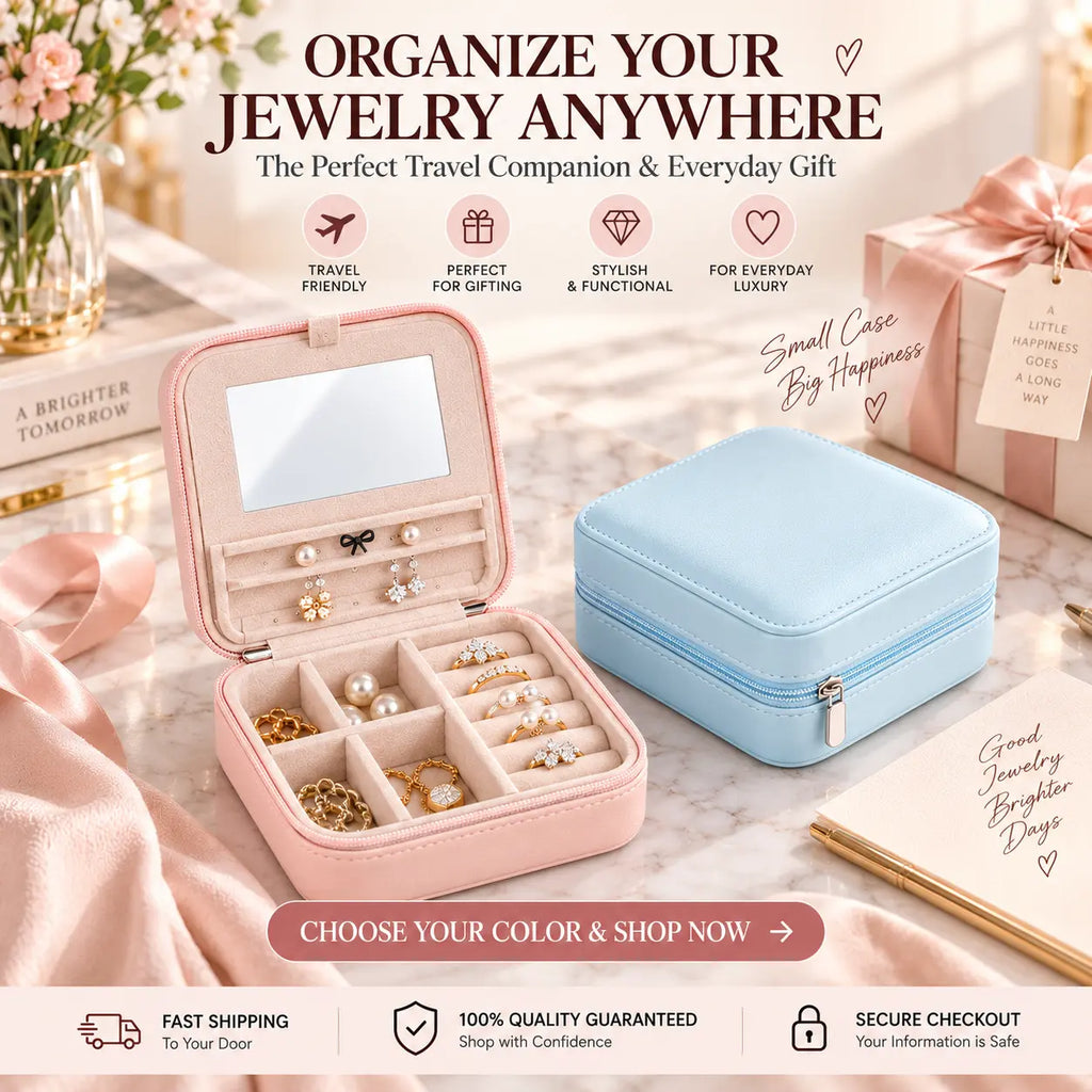 Blush pink and pastel blue travel jewelry organizers displayed on a marble table, with the pink case open and filled with jewelry