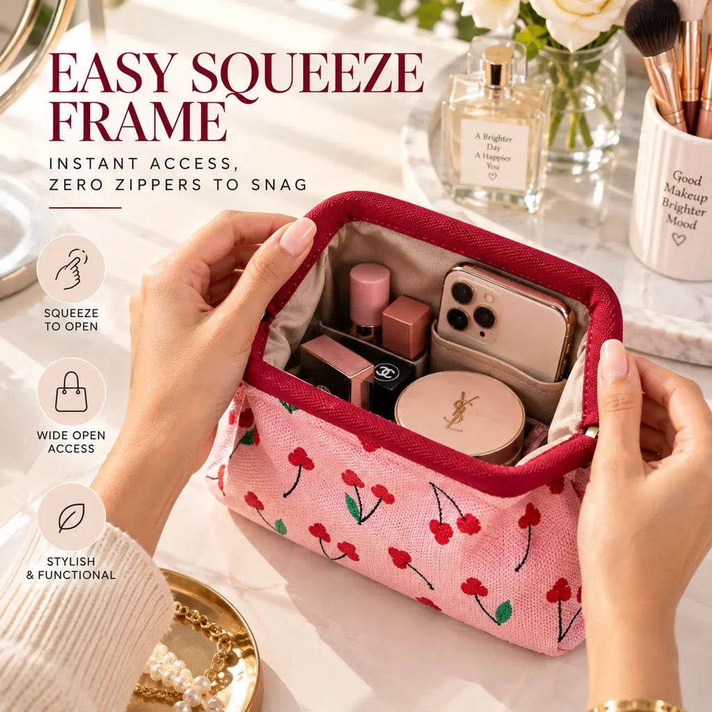 Pink cherry knit pouch held open by manicured hands, showing makeup and a smartphone inside