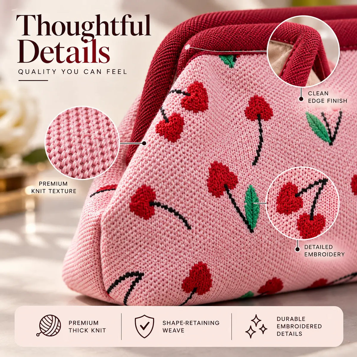 Close up of a pink cherry knit pouch showing detailed knit texture, cherry embroidery and finished edges