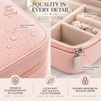 Close-up jewelry organizer infographic highlighting pink PU leather, water-resistant surface, soft velvet interior, stitching, and metallic zipper