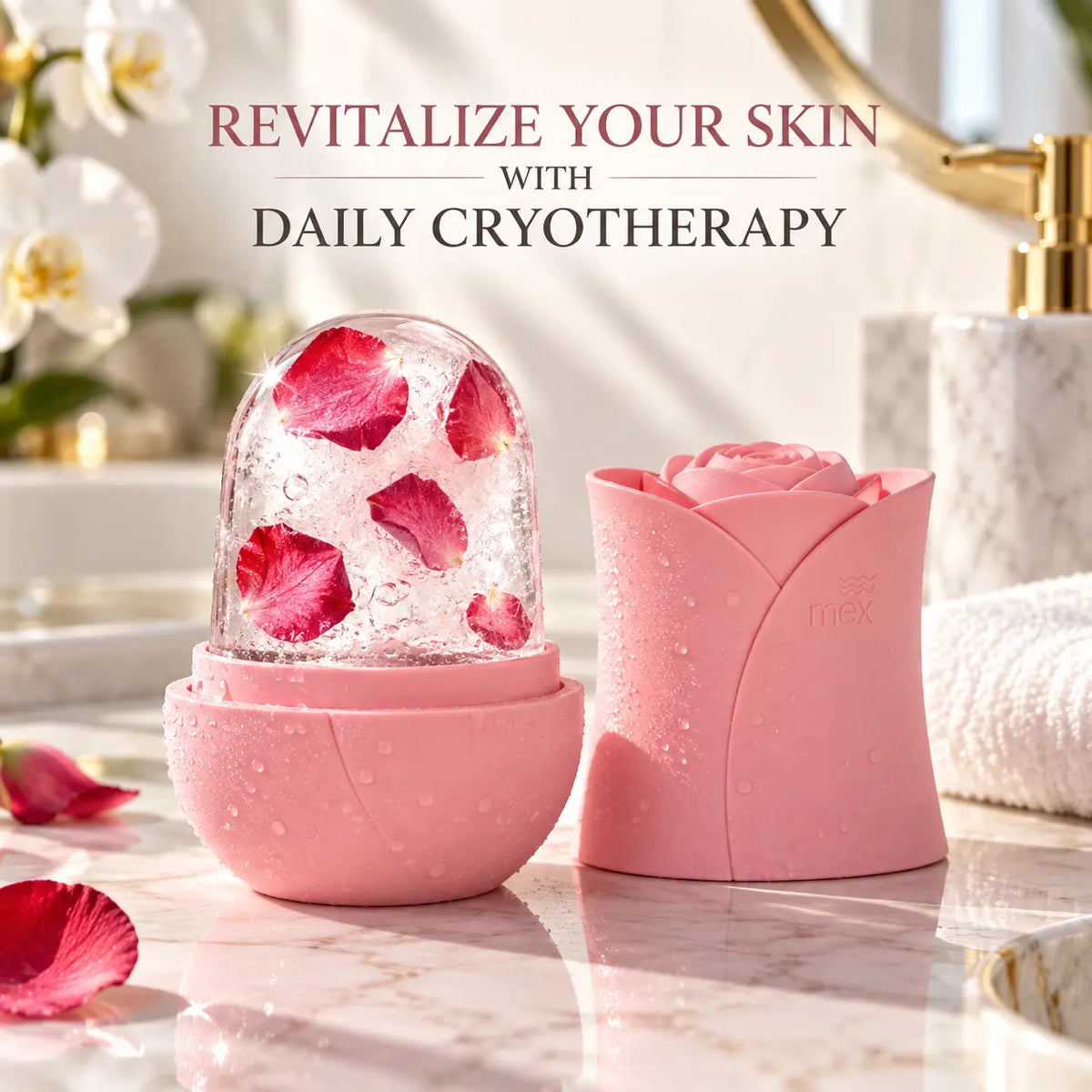 Soft pastel pink rose shaped facial ice roller with a clear ice dome infused with red rose petals displayed open beside its rose petal cap on a luxury marble bathroom vanity
