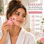 Woman using a soft pastel pink rose shaped facial ice roller with a clear rose petal infused ice dome on her cheek in a bright bathroom