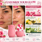 Pink rose shaped facial ice roller with rose petal ice dome alongside before and after skin visuals and DIY rose, lemon green tea, cucumber mint and aloe vera recipes