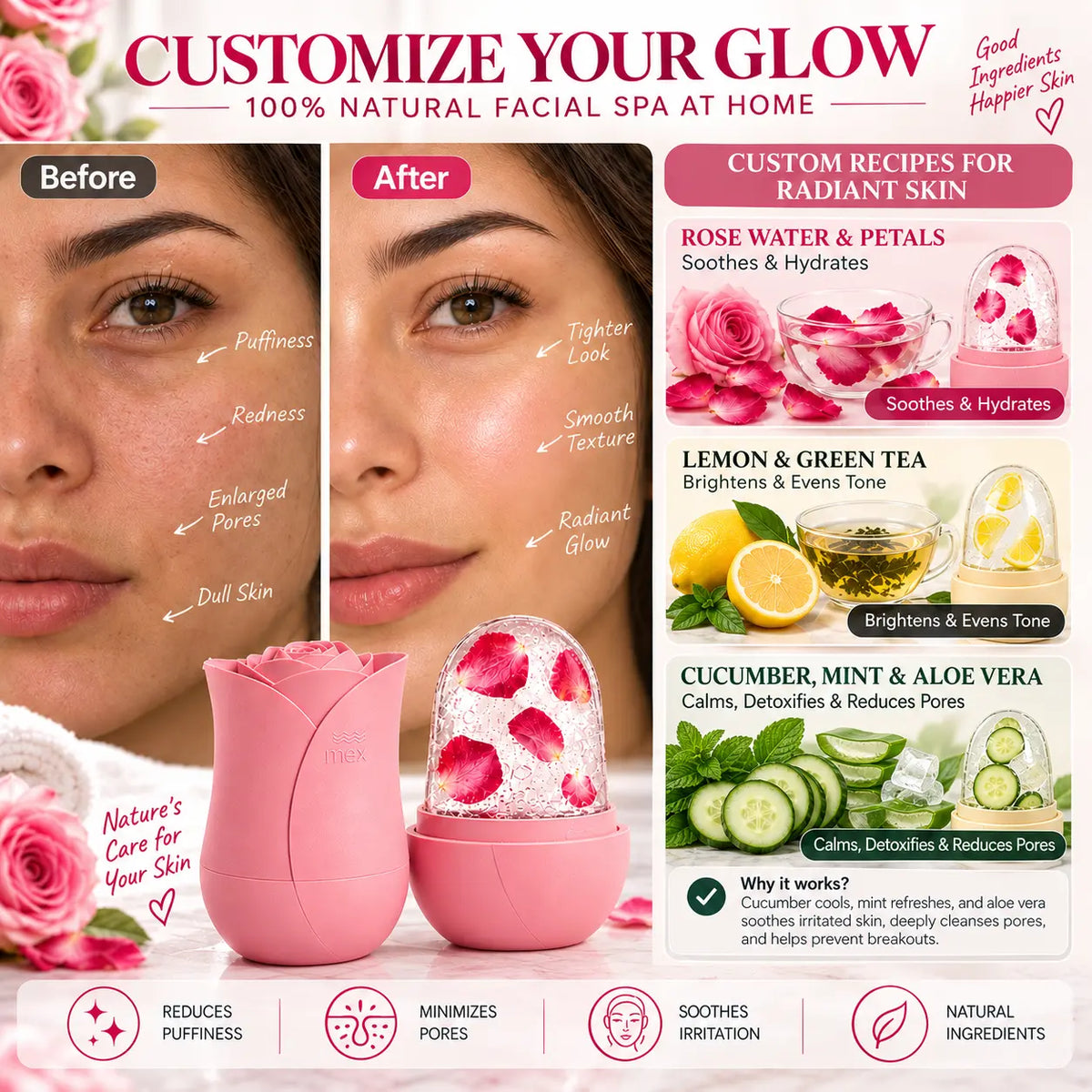 Pink rose shaped facial ice roller with rose petal ice dome alongside before and after skin visuals and DIY rose, lemon green tea, cucumber mint and aloe vera recipes