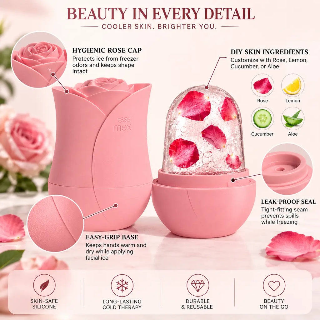Soft pastel pink rose shaped facial ice roller with rose petal ice dome, hygienic rose cap, easy grip silicone base, DIY ingredient options and leak proof seal