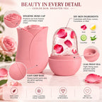 Soft pastel pink rose shaped facial ice roller with rose petal ice dome, hygienic rose cap, easy grip silicone base, DIY ingredient options and leak proof seal