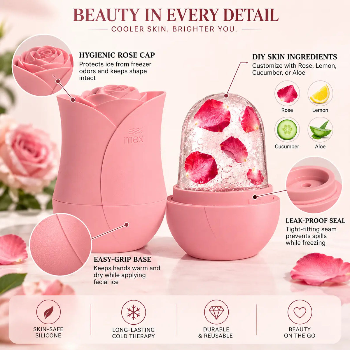Soft pastel pink rose shaped facial ice roller with rose petal ice dome, hygienic rose cap, easy grip silicone base, DIY ingredient options and leak proof seal