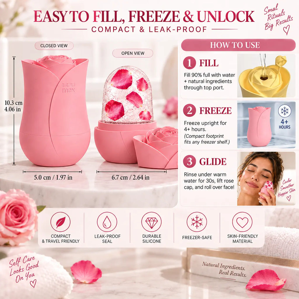Pink rose shaped facial ice roller usage infographic showing fill, freeze and glide steps with product dimensions and open and closed views