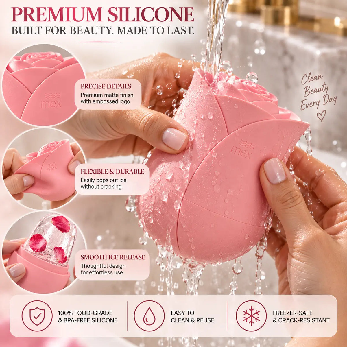 Soft pastel pink rose shaped facial ice roller being rinsed with water, showing its matte silicone finish, embossed logo, flexible design and clear rose petal ice dome