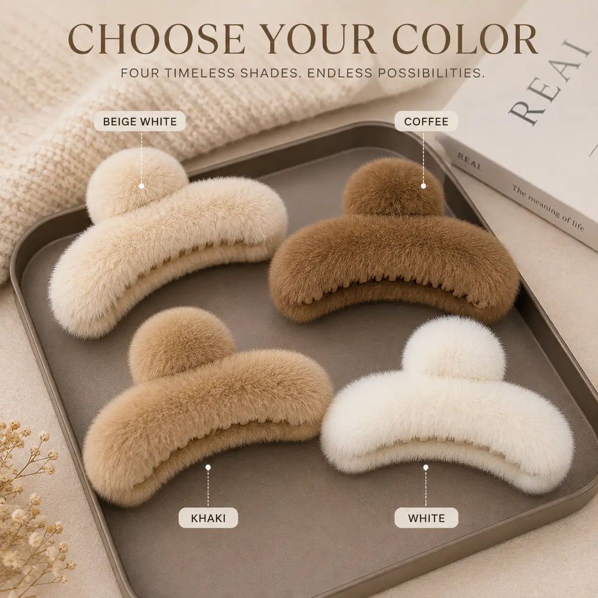 Four plush hair claw clips displayed in Beige White, Coffee, Khaki, and White color options on a decorative tray.