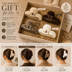 Four plush hair claw clips in Beige White, Coffee, Khaki, and White colors displayed in a gift box with lifestyle styling examples for women.