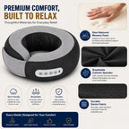 A promotional infographic for a neck pillow, featuring the product itself on a white background alongside several feature callout panels. The neck pillow is shown in a dark gray and light gray color combination.