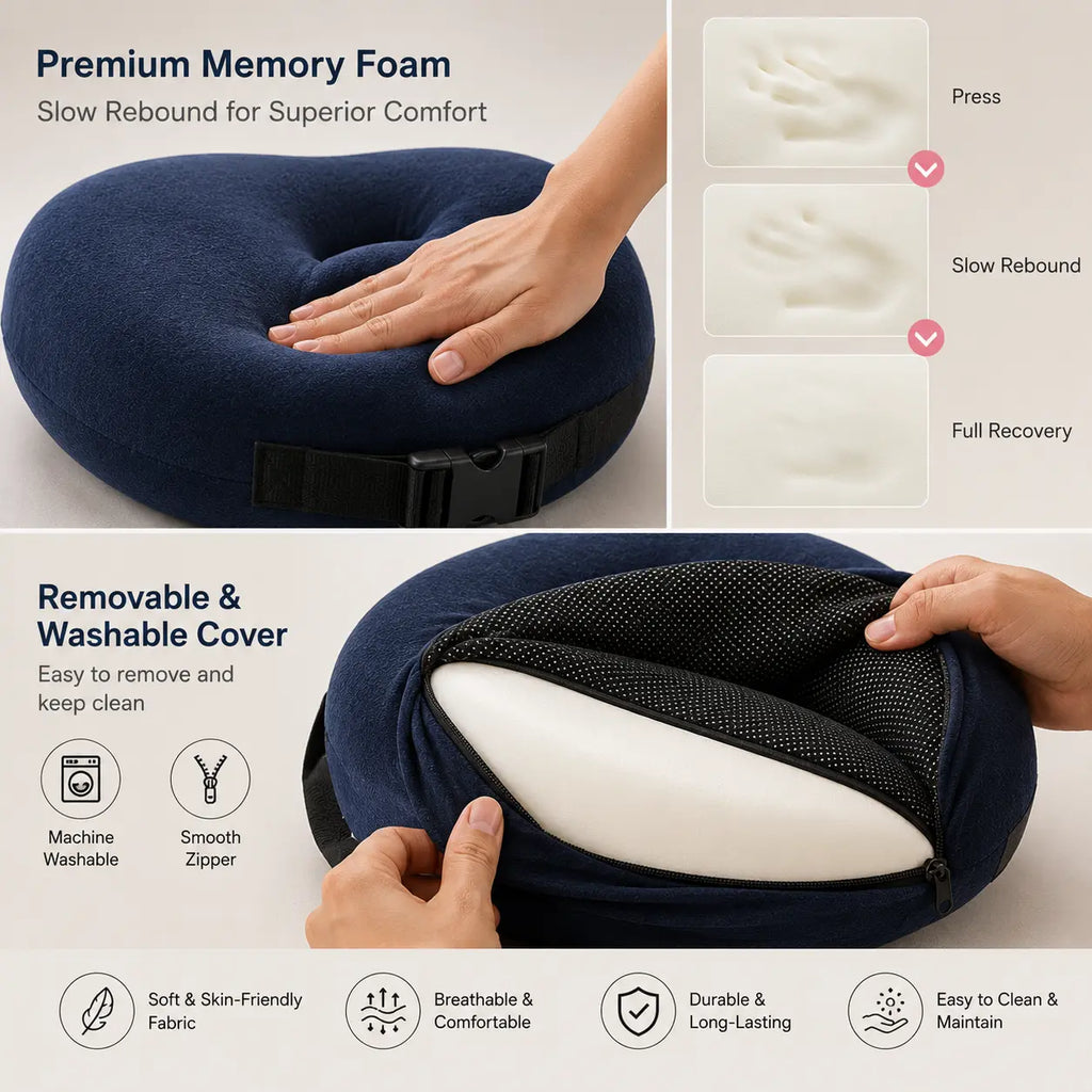 A navy blue memory foam seat cushion shown in a feature infographic with a hand pressing it, a white pillow insert visible through a zipper, and text highlighting removable washable fabric, slow rebound support, and breathable comfort.