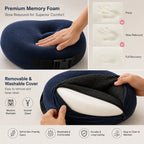 A navy blue memory foam seat cushion shown in a feature infographic with a hand pressing it, a white pillow insert visible through a zipper, and text highlighting removable washable fabric, slow rebound support, and breathable comfort.