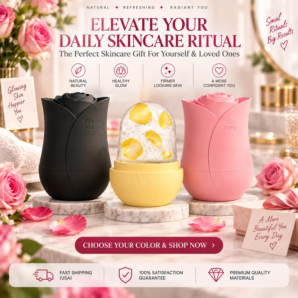 Rose shaped facial ice rollers in soft pink, pastel yellow and matte black displayed on marble vanity pedestals with roses and skincare gift styling