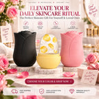 Rose shaped facial ice rollers in soft pink, pastel yellow and matte black displayed on marble vanity pedestals with roses and skincare gift styling