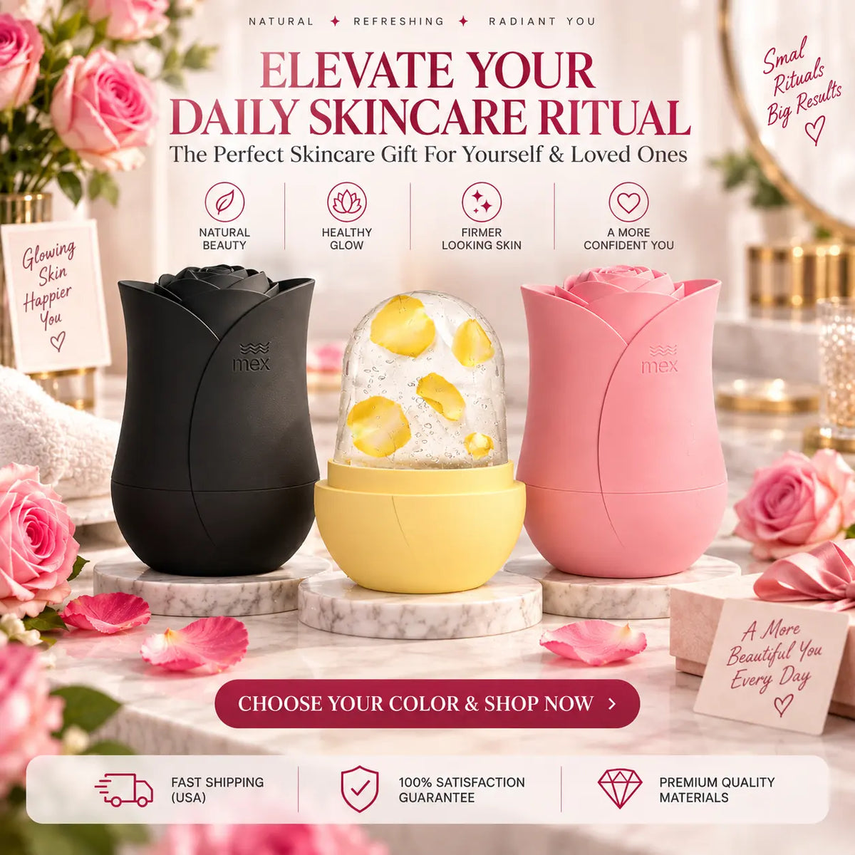 Rose shaped facial ice rollers in soft pink, pastel yellow and matte black displayed on marble vanity pedestals with roses and skincare gift styling