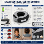 An infographic detailing the features of a smart cervical pillow, showing its dimensions, massage speeds, materials, and control panel icons, with small lifestyle photos of women wearing it.