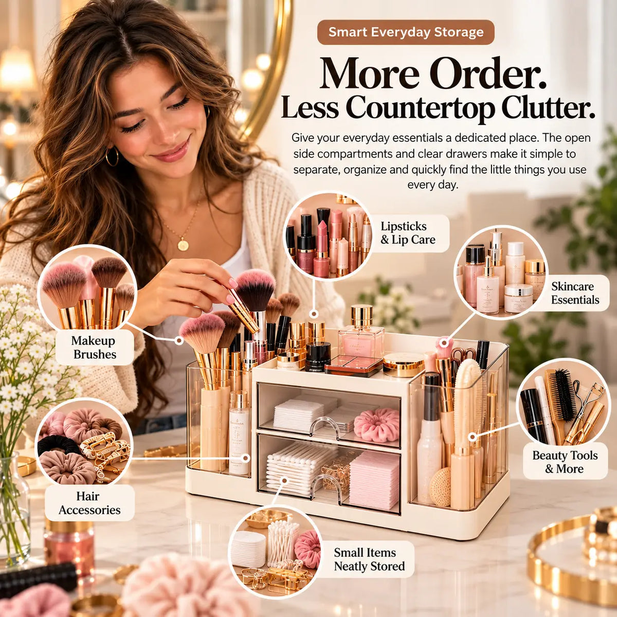 A woman in a softly lit room organizes a beige smart everyday storage cosmetic tray filled with makeup brushes, lipsticks, skincare essentials, and beauty tools. The image includes callout circles labeling product categories and text promoting smart everyday storage and less countertop clutter.