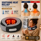 A soothing neck and shoulder heat relief massager shown in a dark gray fabric shell with glowing red heating elements, alongside a woman wearing it around her neck while holding a mug. The graphic includes before-and-after muscle relaxation diagrams, temperature settings of 104°F and 122°F, and feature icons.