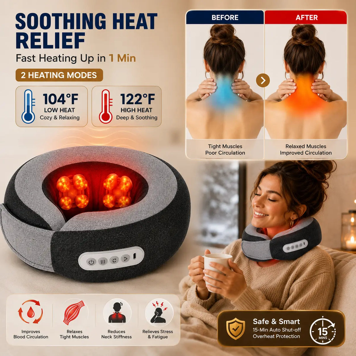 A soothing neck and shoulder heat relief massager shown in a dark gray fabric shell with glowing red heating elements, alongside a woman wearing it around her neck while holding a mug. The graphic includes before-and-after muscle relaxation diagrams, temperature settings of 104°F and 122°F, and feature icons.