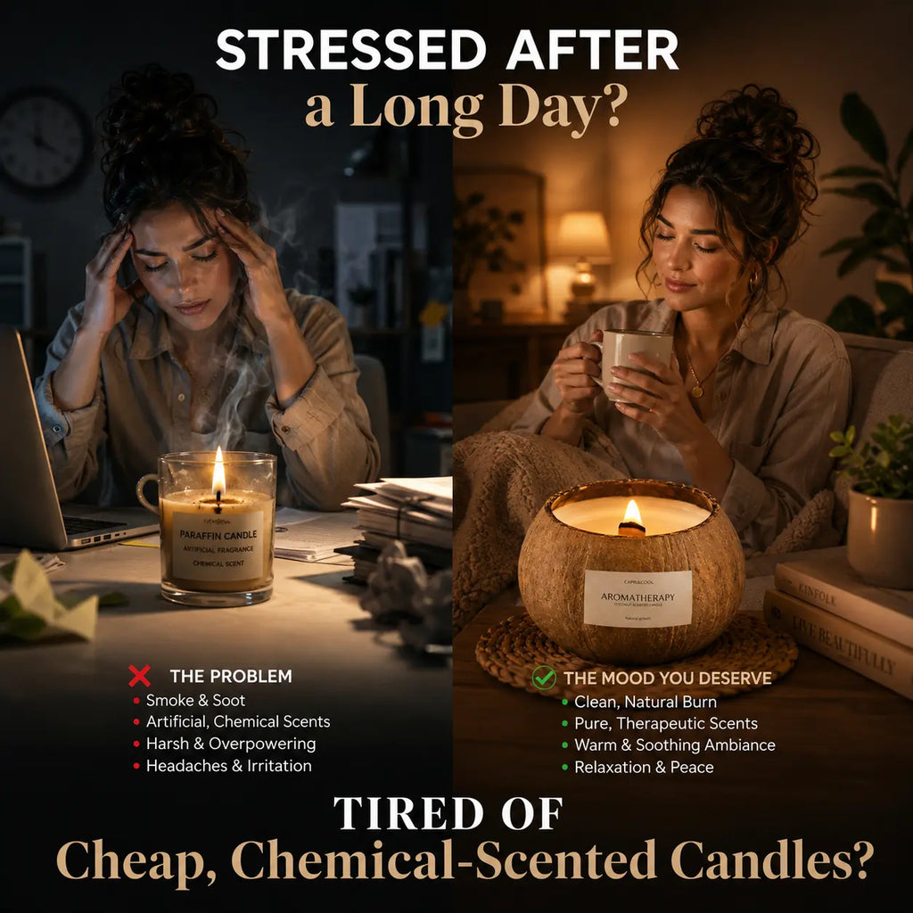 Split scene showing evening stress and harsh artificial candle smoke contrasted with a warm cozy candlelit relaxation space