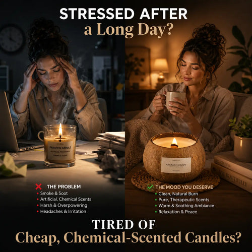 Split scene showing evening stress and harsh artificial candle smoke contrasted with a warm cozy candlelit relaxation space