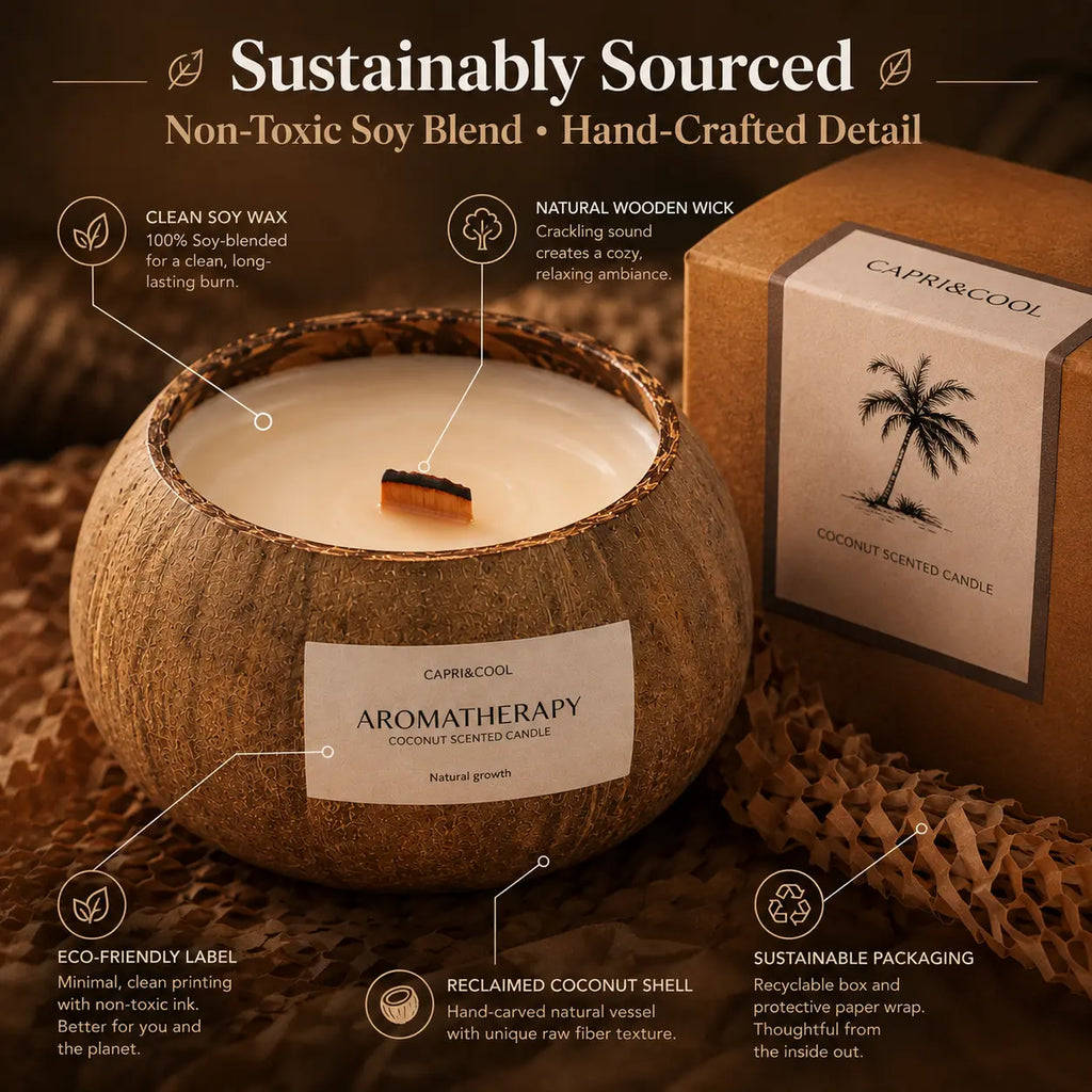 Macro view of handcrafted coconut shell texture clean soy wax wooden wick eco-friendly label and recyclable kraft packaging