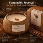 Macro view of handcrafted coconut shell texture clean soy wax wooden wick eco-friendly label and recyclable kraft packaging