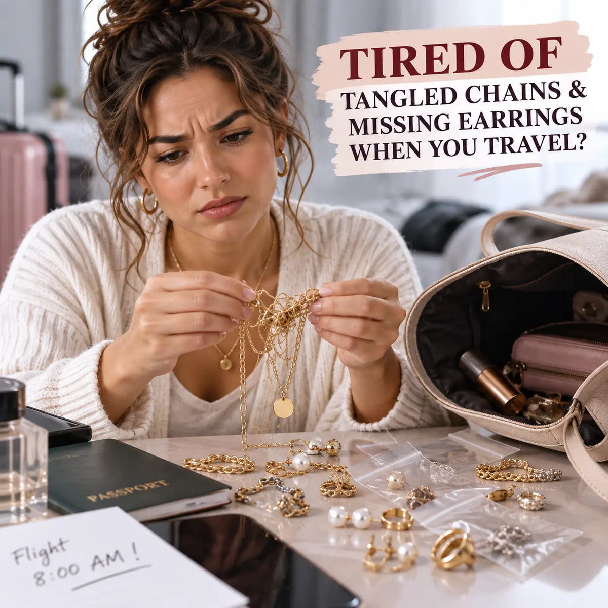 Woman untangling gold necklaces and searching through loose jewelry beside an open handbag before traveling