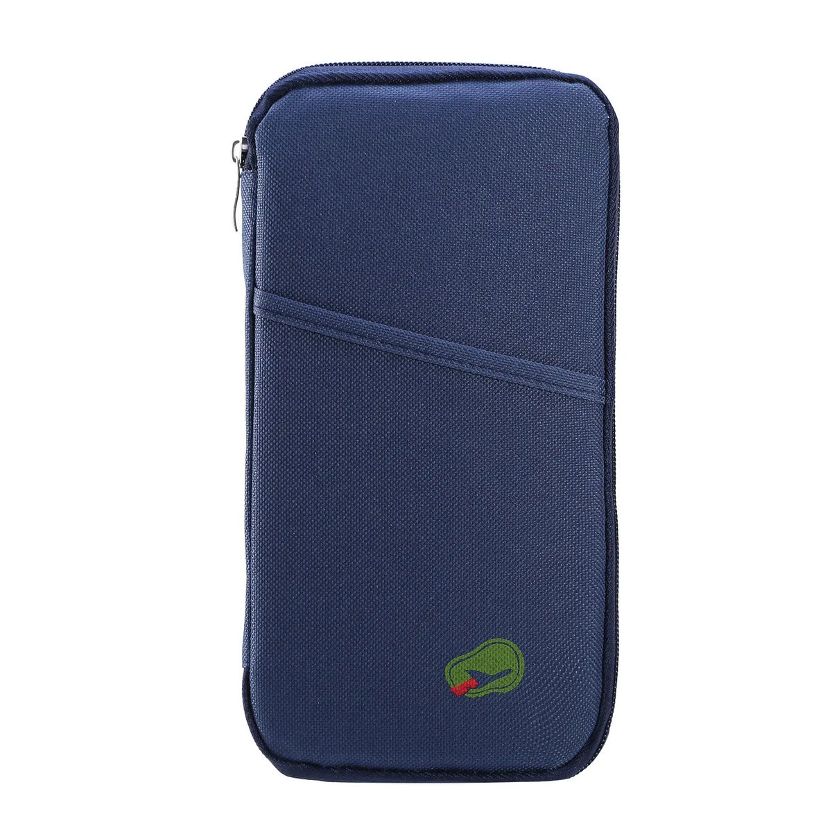 Blue travel passport wallet with zippered closure and front exterior pocket