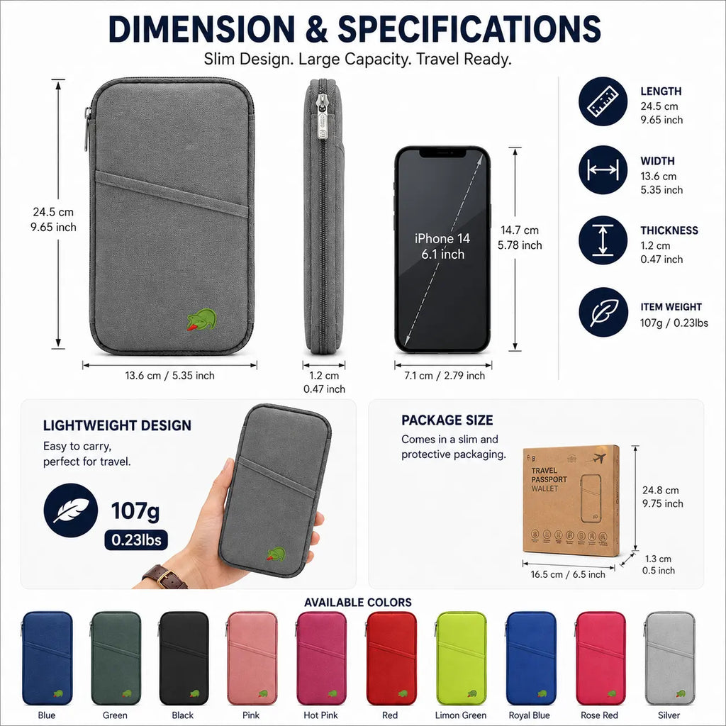 Travel passport wallet dimensions showing 24.5 cm length, 13.6 cm width, 1.2 cm thickness, 107 g weight, and available colors