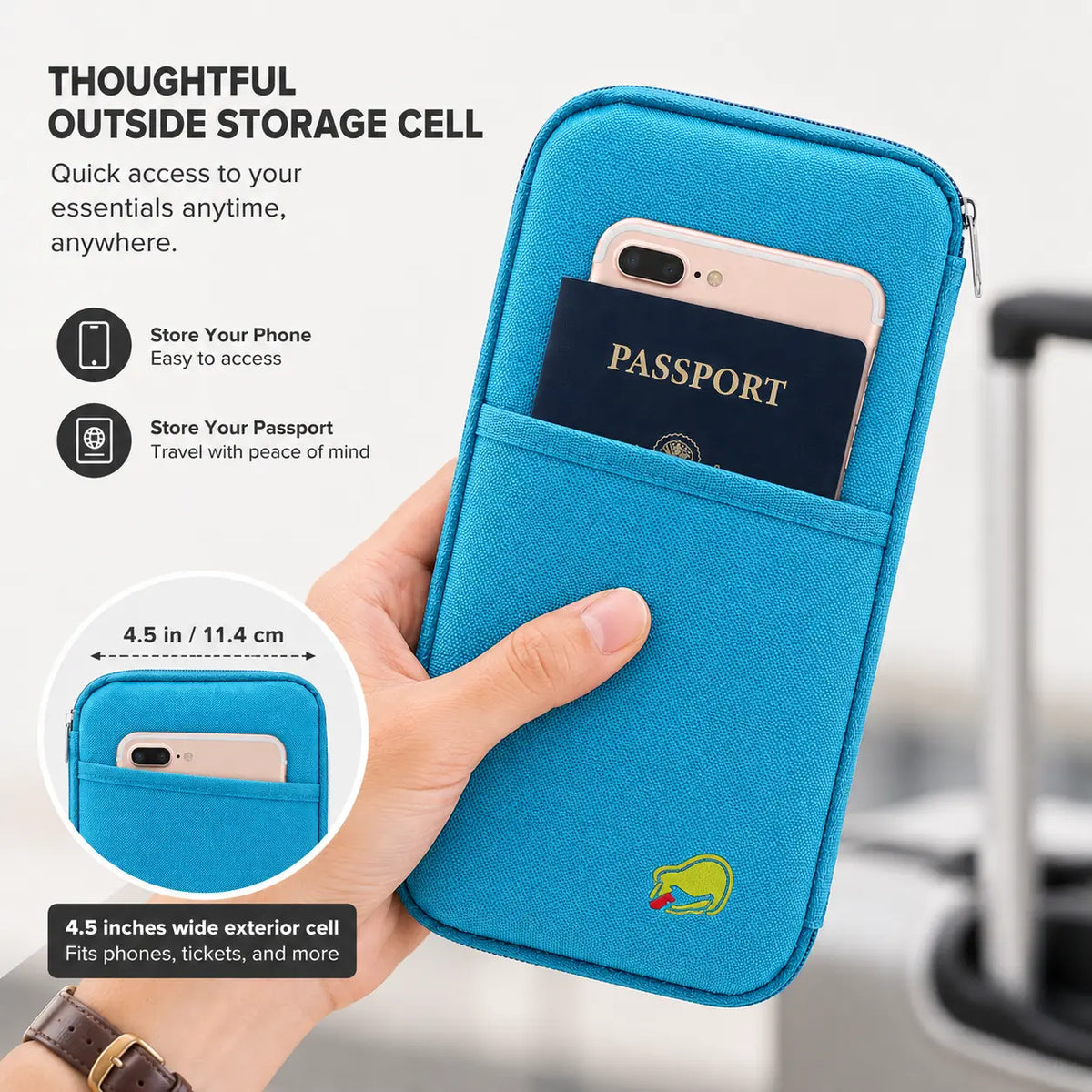 Travel passport wallet with exterior pocket holding a phone and passport for quick access
