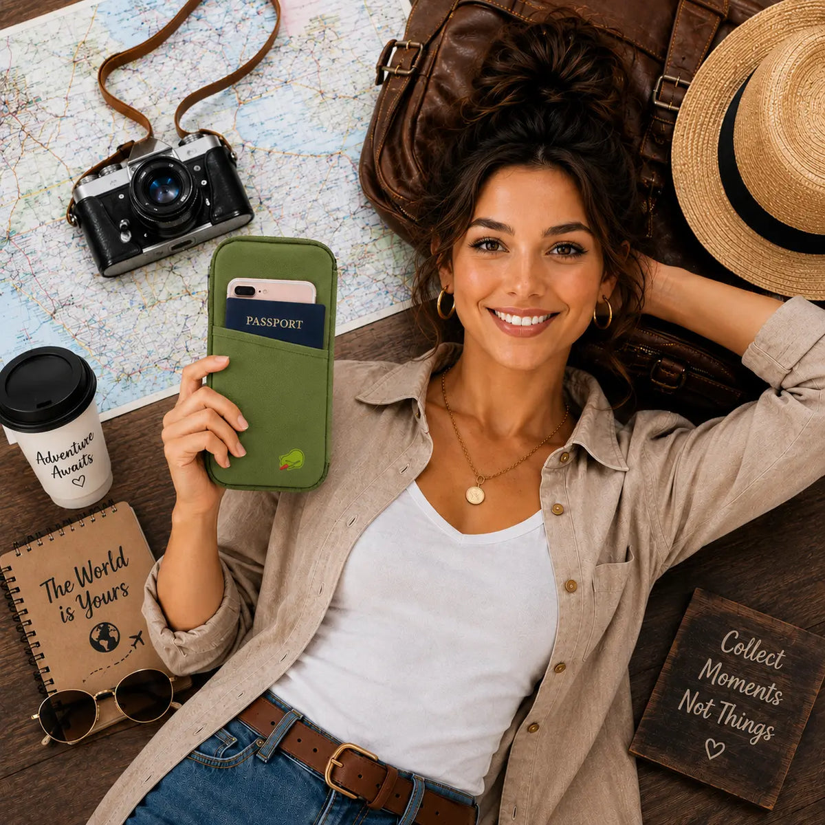 Woman holding a green travel passport wallet with phone and passport while relaxing with a travel map, camera, and hat