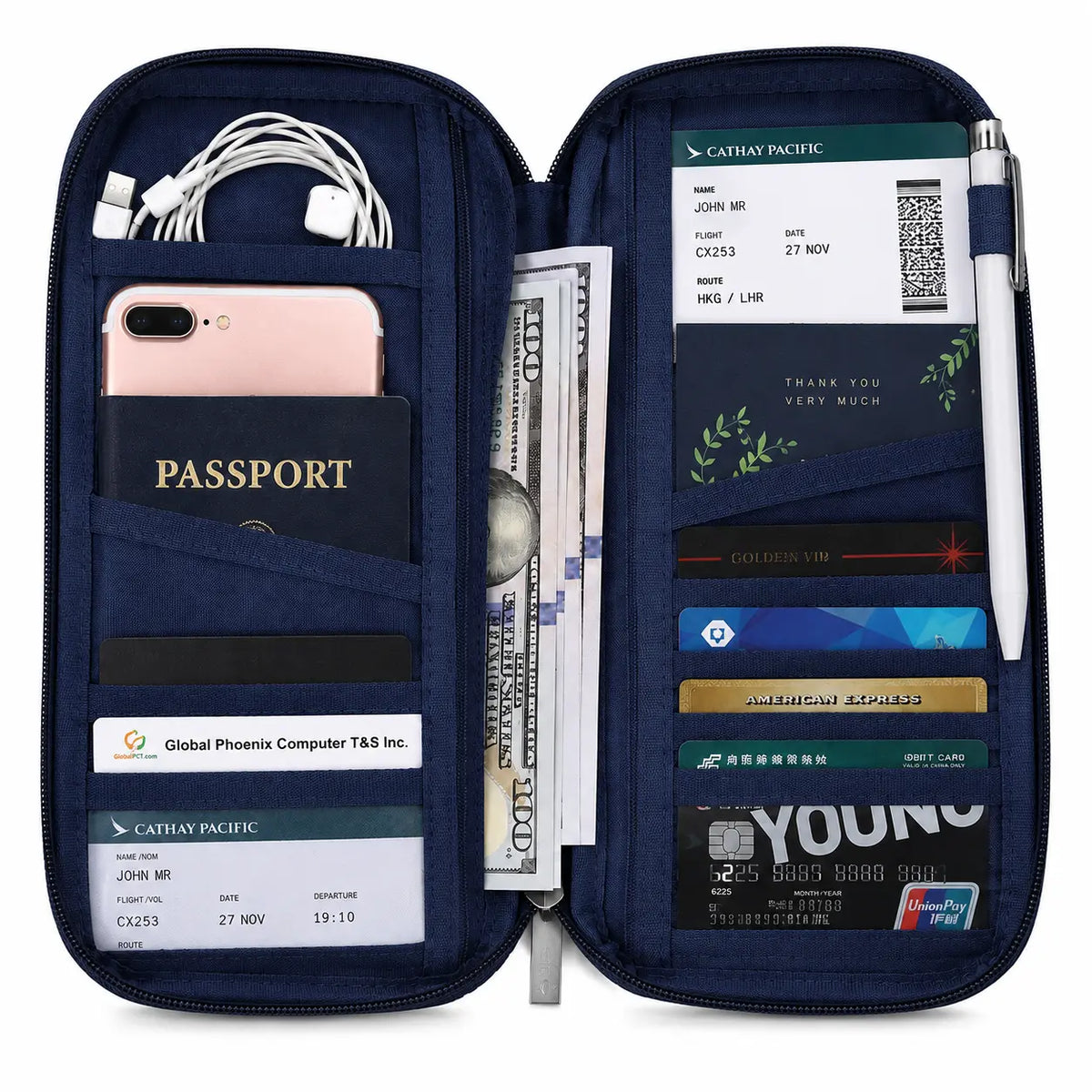 Open travel passport wallet organizer with passport, phone, cash, boarding passes, cards, cables, and pen in multiple compartments